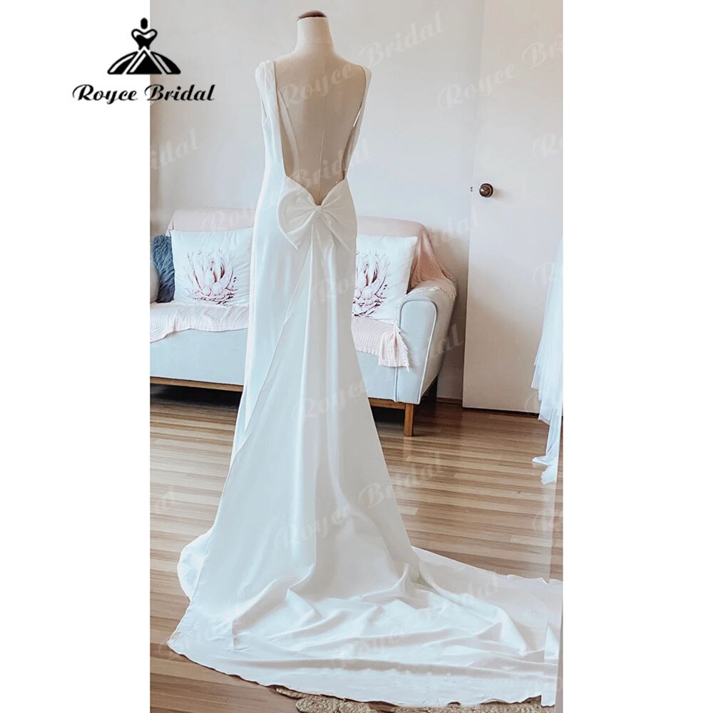 Einfacher Rundhalsausschnitt, weicher Satin, Meerjungfrau, offener Rücken, Hochzeitskleid mit Schleife, ärmellose Brautkleider, Sukienka na wesele, NumberSea