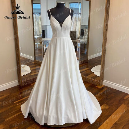 NumberSea Simple V Neck Satin Boho Spaghetti Straps Wedding Dress Open Back 2025 Elegant Bridal Wedding Gown vestidos de novia Elegant