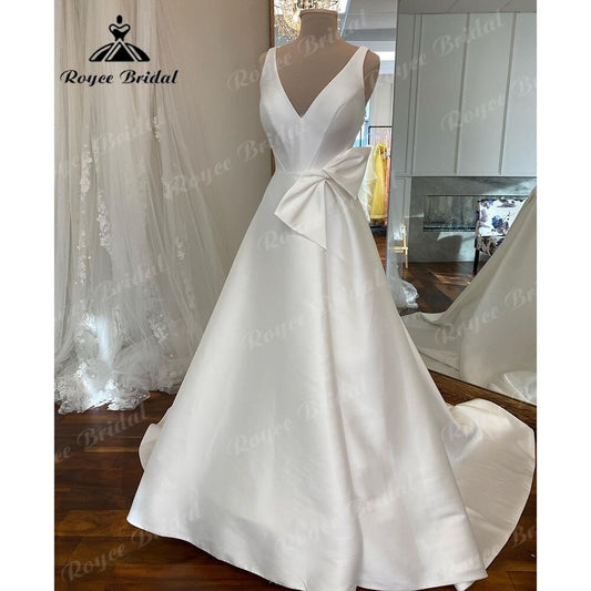 NumberSea Simple V Neck Satin V Neck A Line Wedding Dress with Bow 2025 Bridal Gowns Custom Made Vestidos De Novia Formal NumberSea