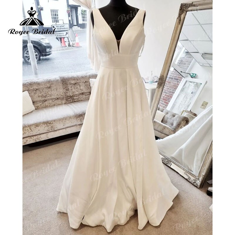 NumberSea Simple V Neck Sleeveless Satin A Line Beach Wedding dress with Buttons Open Back 2025 Vestido Boda Civil Bridal Gowns for Women