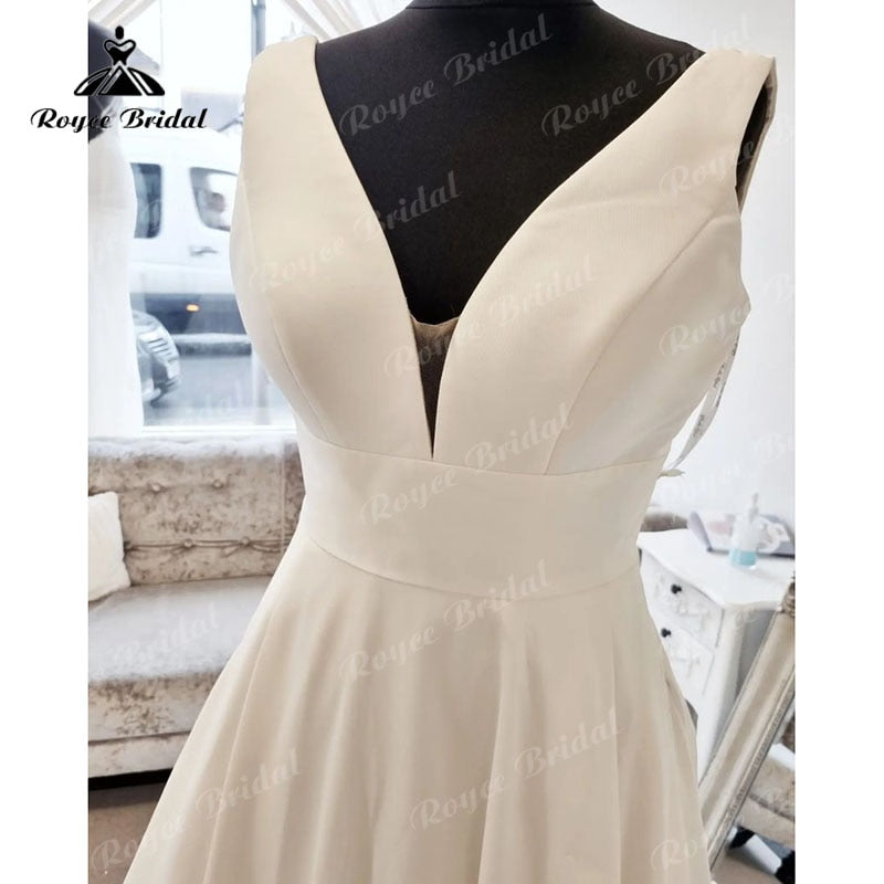 NumberSea Simple V Neck Sleeveless Satin A Line Beach Wedding dress with Buttons Open Back 2025 Vestido Boda Civil Bridal Gowns for Women