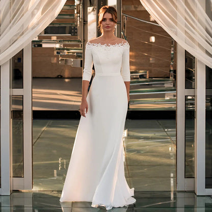 Wedding Dress Elegant New Arrival Boat Neck 3/4 Sleeves Beading Appliques A Line Jersey Bridal Gown Robe