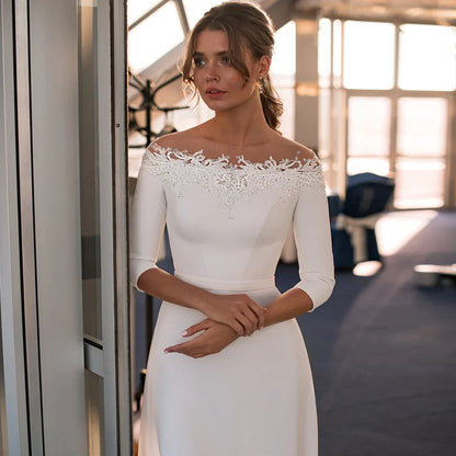 Wedding Dress Elegant New Arrival Boat Neck 3/4 Sleeves Beading Appliques A Line Jersey Bridal Gown Robe