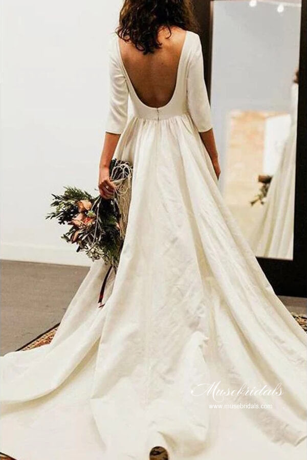 NumberSea Simple 3/4 Sleeves Backless Modest Wedding Dresses, Bridal Gowns, MW972