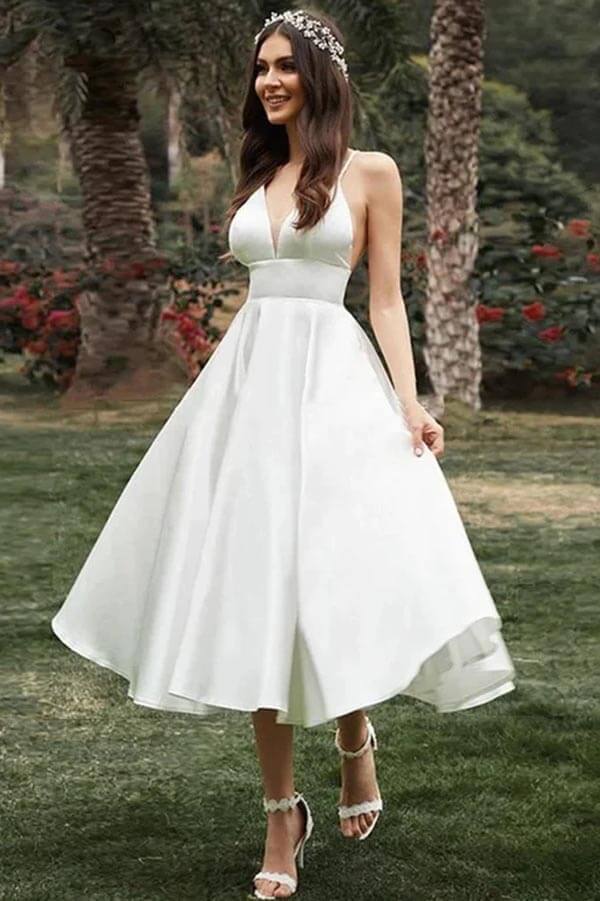 NumberSea Simple A-line Spaghetti Straps Tea Length Wedding Dress, Bridal Gown, MW916