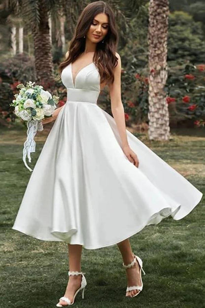 NumberSea Simple A-line Spaghetti Straps Tea Length Wedding Dress, Bridal Gown, MW916