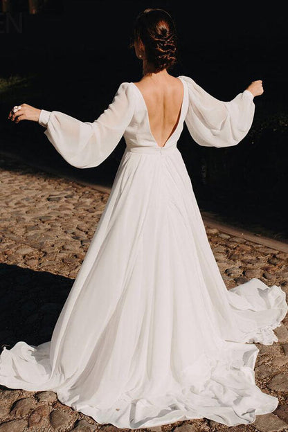 NumberSea Simple Chiffon A-line Puffy Sleeves Beach Wedding Dress, Bridal Gown, MW644