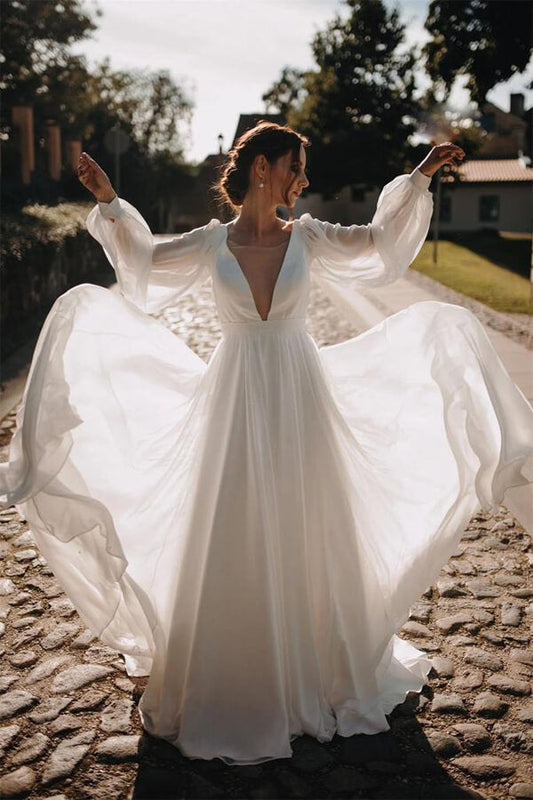 NumberSea Simple Chiffon A-line Puffy Sleeves Beach Wedding Dress, Bridal Gown, MW644