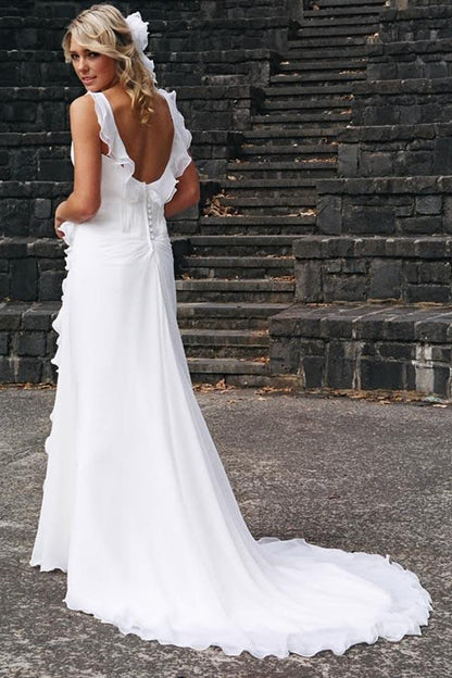 NumberSea Simple Chiffon A-line V-neck Ruffles Beach Wedding Dresses, Wedding Gown, MW787