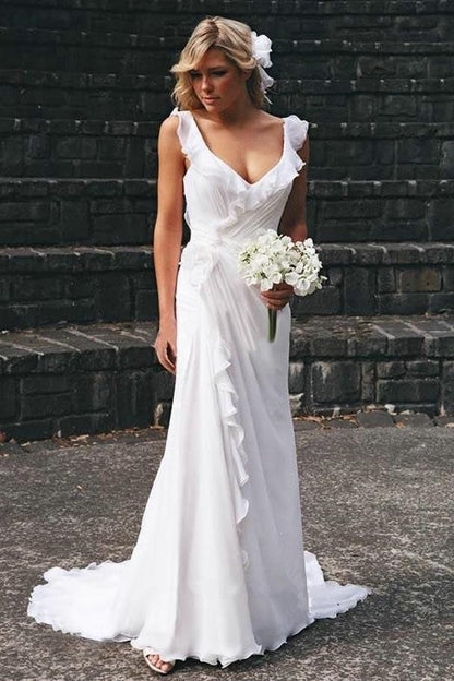 NumberSea Simple Chiffon A-line V-neck Ruffles Beach Wedding Dresses, Wedding Gown, MW787