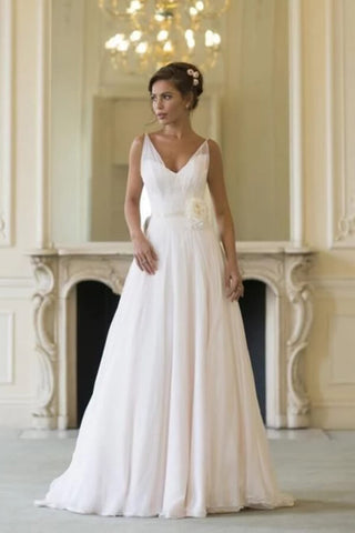 NumberSea Simple Chiffon A-line V-neck Sleeveless Floor Length Beach Wedding Dresses, MW800