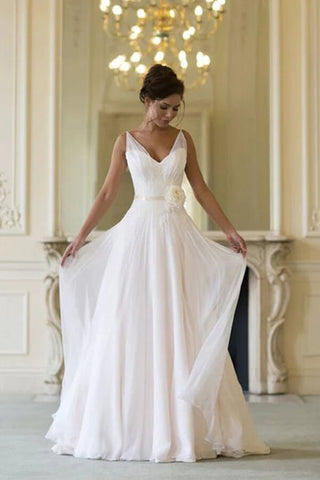 NumberSea Simple Chiffon A-line V-neck Sleeveless Floor Length Beach Wedding Dresses, MW800