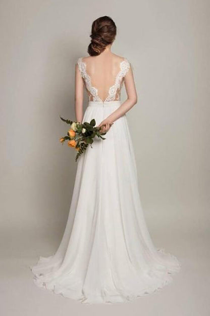 NumberSea Simple Chiffon Lace Scoop Open Back Sweep Train Wedding Dresses, MW586