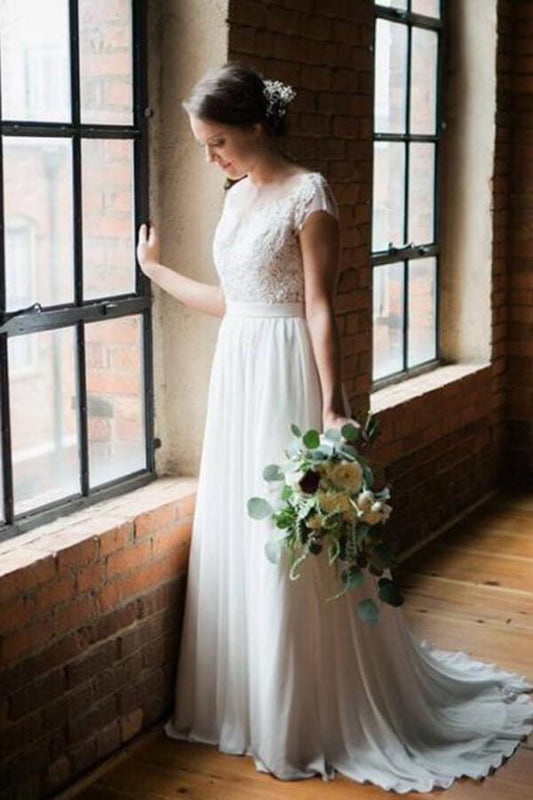 NumberSea Simple Chiffon Lace Scoop Open Back Sweep Train Wedding Dresses, MW586