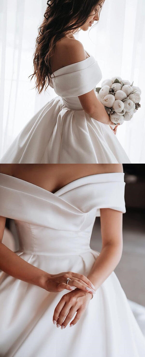 NumberSea Simple Ivory Ball Gown Satin Lace Off-the-Shoulder Wedding Dresses, MW633