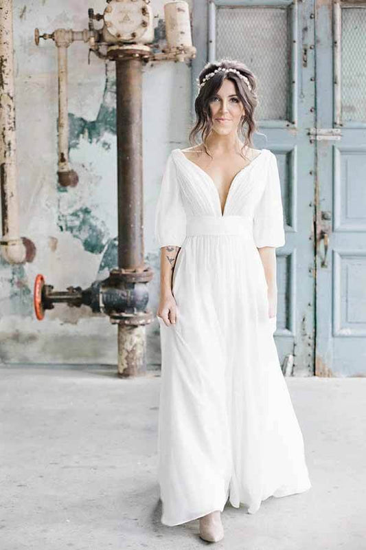 NumberSea Simple Ivory Chiffon A-line V-neck Half Sleeves Long Wedding Dresses, MW694