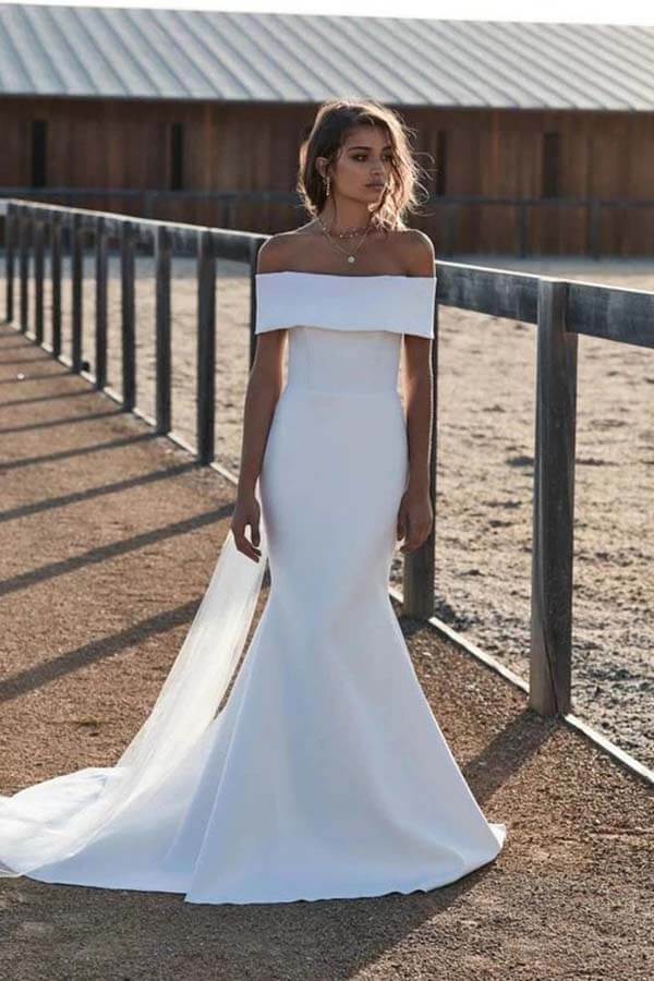 NumberSea Simple Ivory Mermaid Off-the-Shoulder Wedding Dresses, Bridal Gowns, MW696