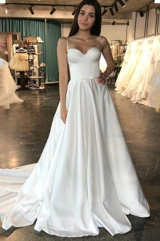 NumberSea Simple Ivory Satin A-line Sweetheart Wedding Dresses, Cheap Bridal Gown, MW701