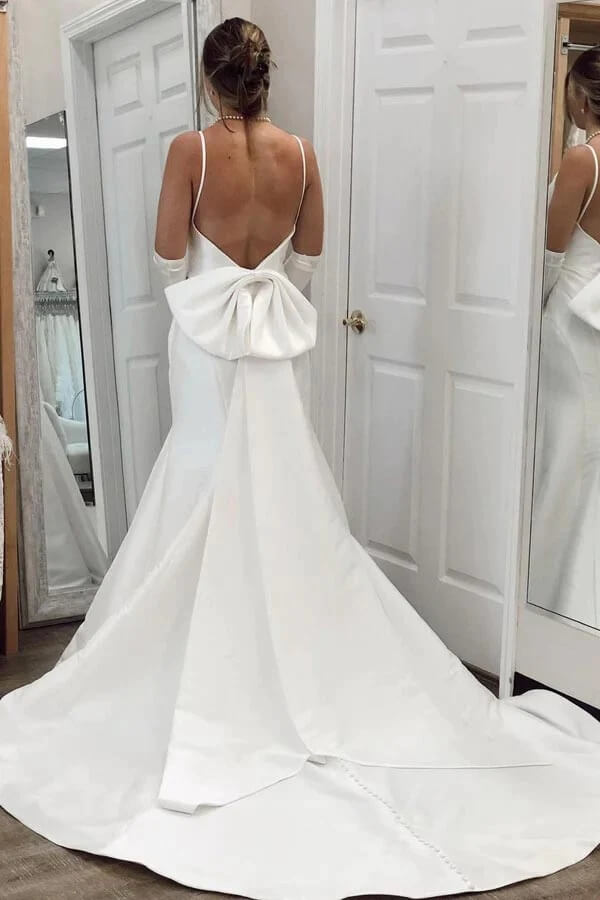 NumberSea Simple Ivory Satin Mermaid V Neck Wedding Dresses, Wedding Gowns, MW764