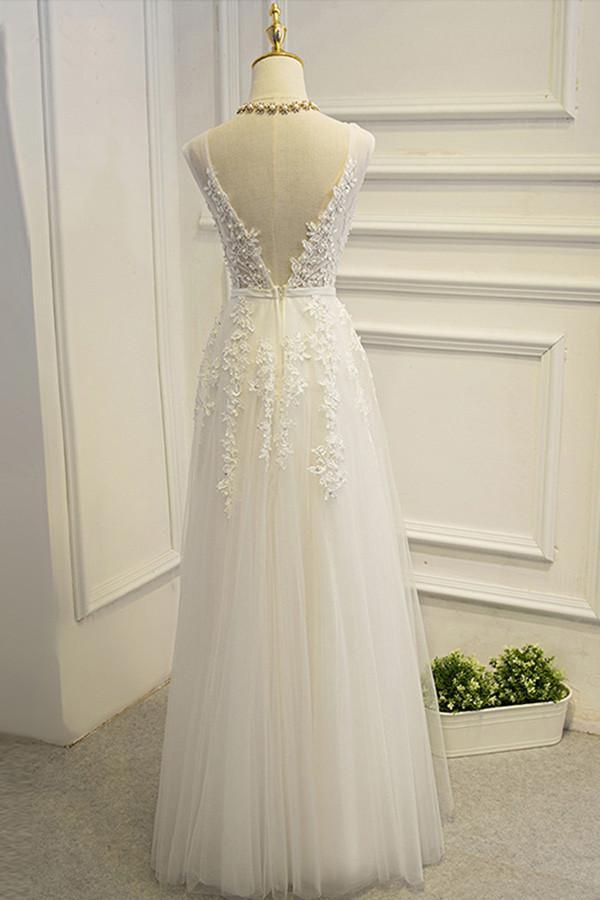 NumberSea Simple Lace A-line V-neck Floor Length Wedding Dresses, Bridal Gown, MW583