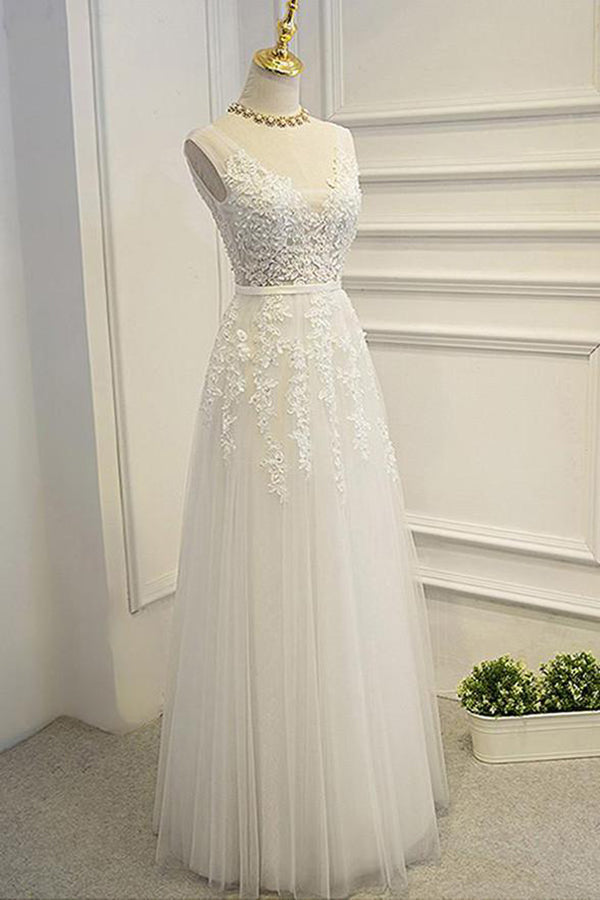 NumberSea Simple Lace A-line V-neck Floor Length Wedding Dresses, Bridal Gown, MW583