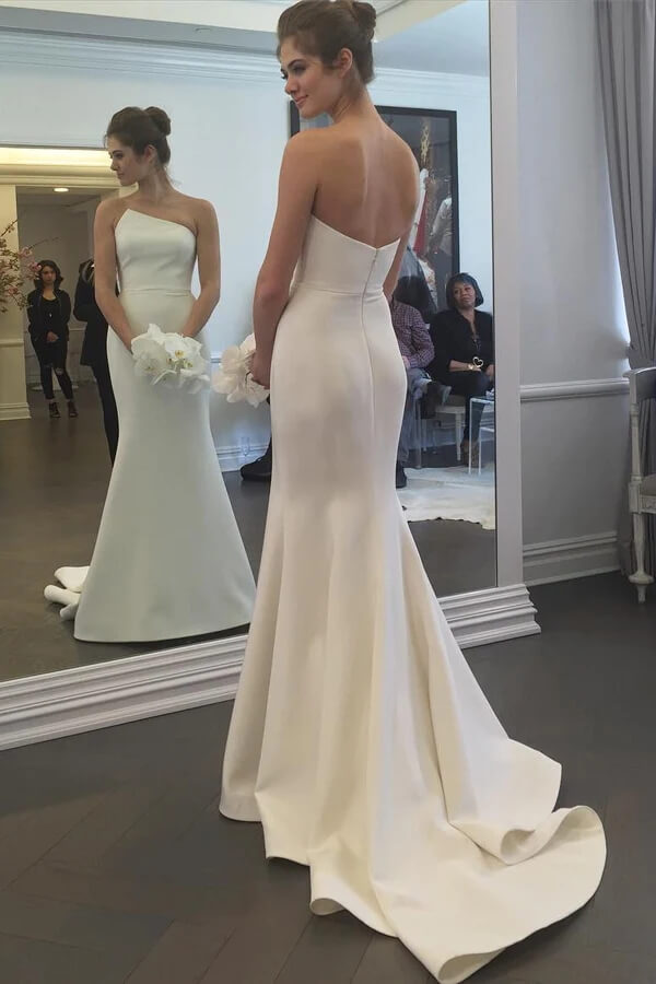 NumberSea Schlichtes Meerjungfrau-Brautkleid in Elfenbein, trägerlos, mit Schleppe, Hochzeitskleid, MW781