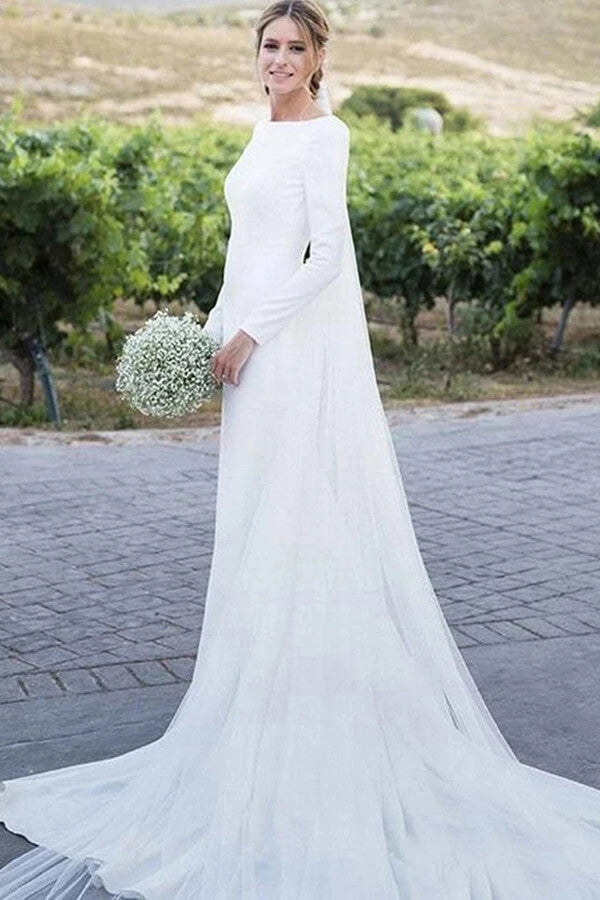 NumberSea Simple Modest Long Sleeves Sheath Bridal Dresses Country Wedding Dress, MW515