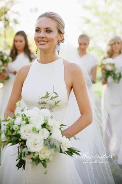 NumberSea Simple Satin A-line Halter Sleeveless Featured Back Wedding Dresses, MW947