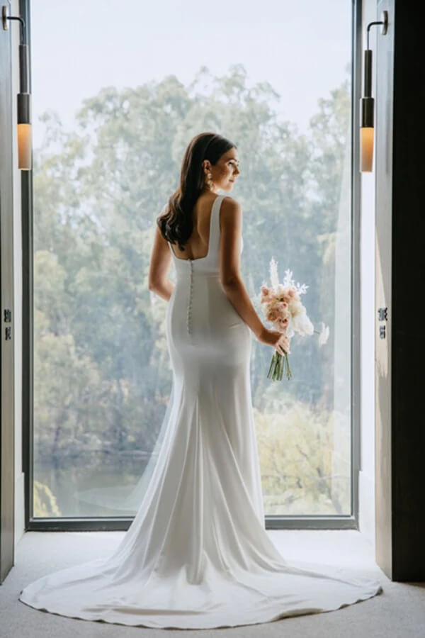 NumberSea Simple Satin Sheath Square Neck Backless Wedding Dress With Sweep Train, MW755