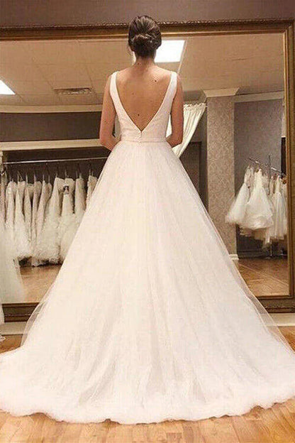 NumberSea Simple Tulle A-line V-neck Open Back Wedding Dresses, Wedding Gowns, MW765