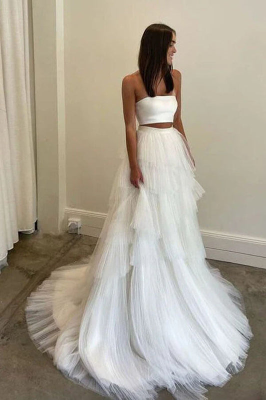 NumberSea Simple Two Piece Wedding Dress With Layered Tulle Skirt, Bridal Gown, MW1005