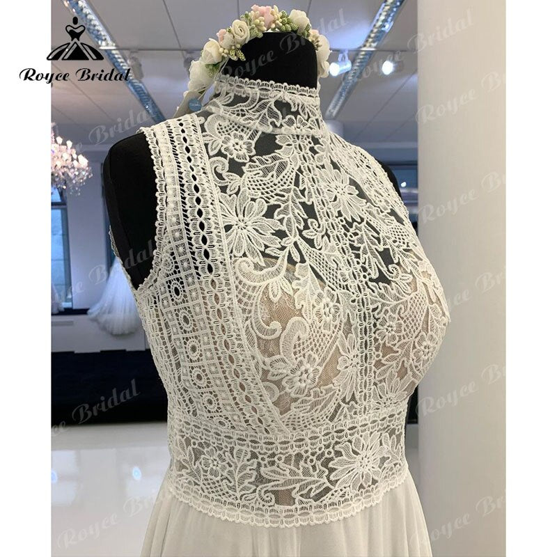 NumberSea Ärmelloses A-Linie Boho Hochzeitskleid Strand High Neck Lace Mieder Open Back Sweep 2025 Zivil Brautkleid Chiffon Vestido De Novia 