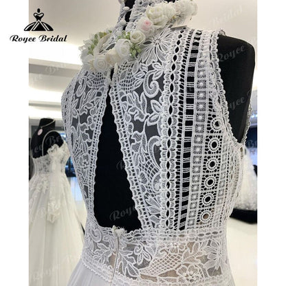 NumberSea Ärmelloses A-Linie Boho Hochzeitskleid Strand High Neck Lace Mieder Open Back Sweep 2025 Zivil Brautkleid Chiffon Vestido De Novia 