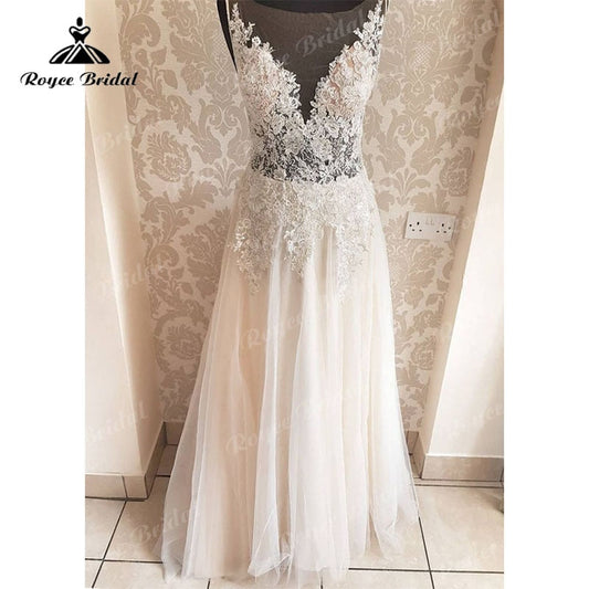 NumberSea Ärmelloses Spitzenapplikationen A-Linie Strand Sweep Zug Hochzeitskleid 2025 Elegante Robe Mariee Hochzeitskleider Vestido De Noiva Boho 