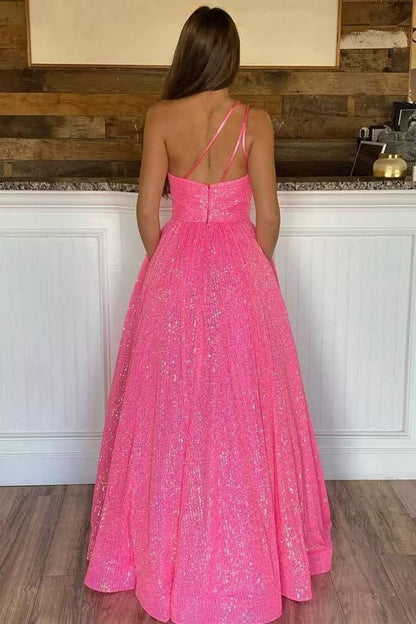 Sparkly A Line One Shoulder Sequin Long  with Pockets Prom Dresses