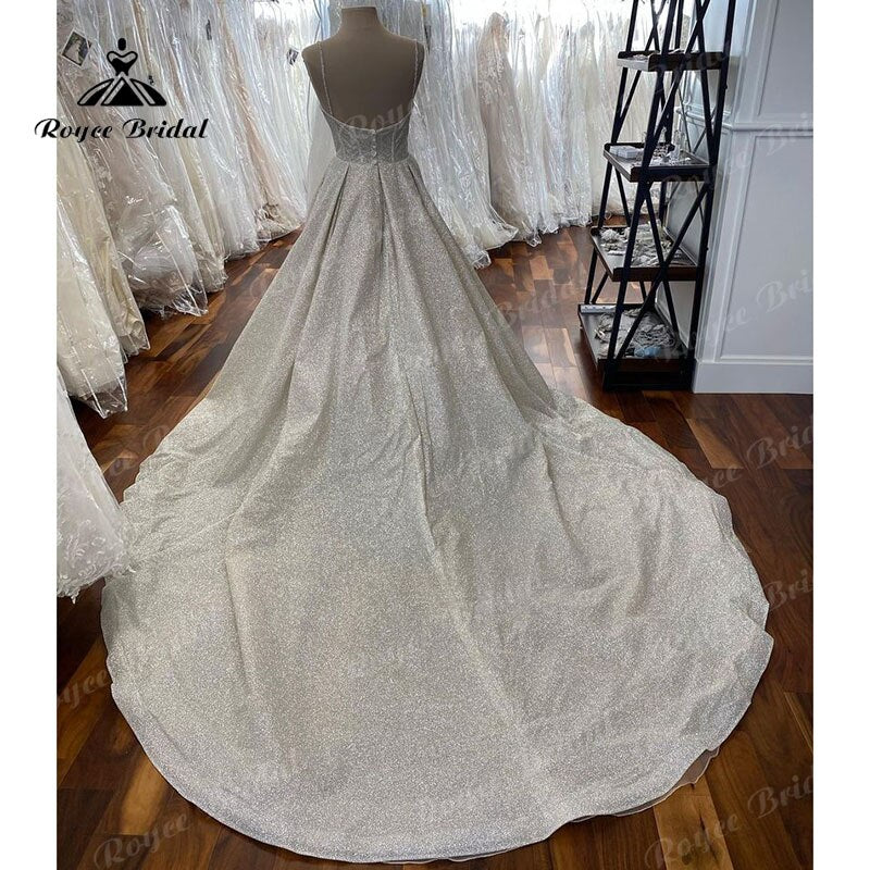 NumberSea Sparkly V Neck Spaghetti Straps Shiny Glitter A Line Wedding Dress Court Train 2025 Vinatge Boho robe soirée mariage Bridal Gown