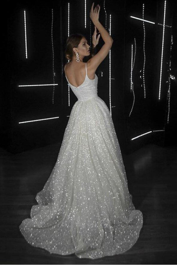 NumberSea Sparkly A-line V-neck Spaghetti Straps Wedding Dresses, Bridal Gowns, MW688