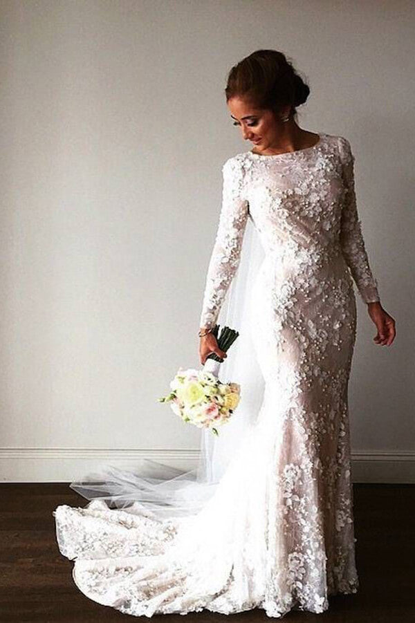 NumberSea Sparkly Romantic Lace Mermaid Bateau Long Sleeves Wedding Dresses, MW544