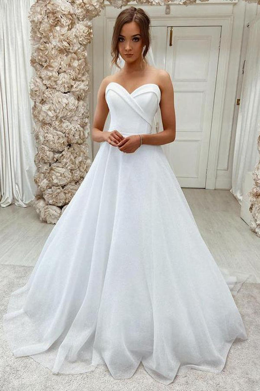 NumberSea Sparkly White Tulle Lace A-line Sweetheart Sweep Train Wedding Dresses, MW613