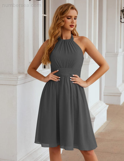 Numbersea Halter Chiffon Bridesmaid Dresses Short Sleeveless Formal Party Dress Open Back Sea28023