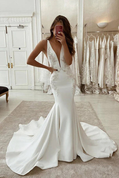 NumberSea Stretch Satin Mermaid Deep V-neck Wedding Dress With Lace Appliques, MW934