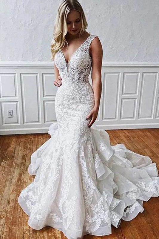 NumberSea Stunning Mermaid Tulle Lace Wedding Dresses With Ruffles, Bridal Gown, MW783