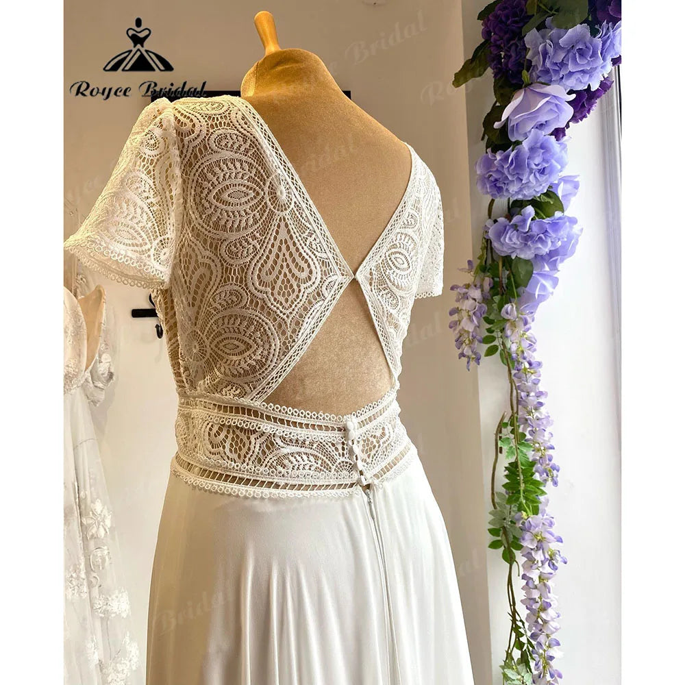 Summer Beach Boho Bohemian Lace Bodice Chiffon Cap Sleeve Wedding Dress for Bride 2024 V Neck Backless Wedding Gown for Women