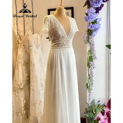 Summer Beach Boho Bohemian Lace Bodice Chiffon Cap Sleeve Wedding Dress for Bride 2024 V Neck Backless Wedding Gown for Women