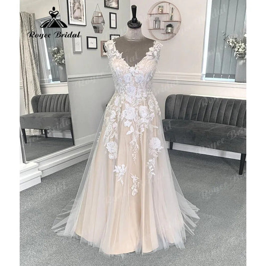 Summer Lace Floral Champagne Women Wedding Dress with V Neckline 2024 Bridal Gwon Custom Made Backless sukienka na wesele Sexy