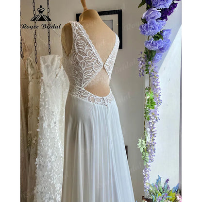 Summer Tank Sleeveless Lace Bodice Chiffon Open Back Boho Wedding Gown for Bride 2024 Wedding Dress Receipt Party Gown Elegant