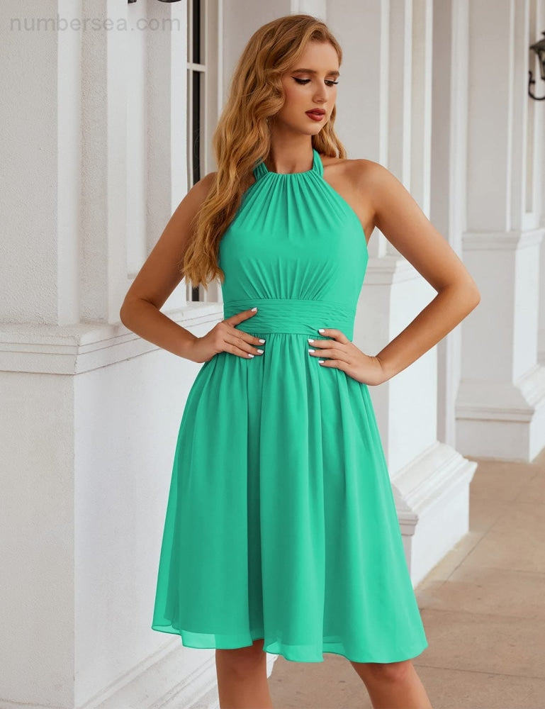 Numbersea Halter Chiffon Bridesmaid Dresses Short Sleeveless Formal Party Dress Open Back Sea28023