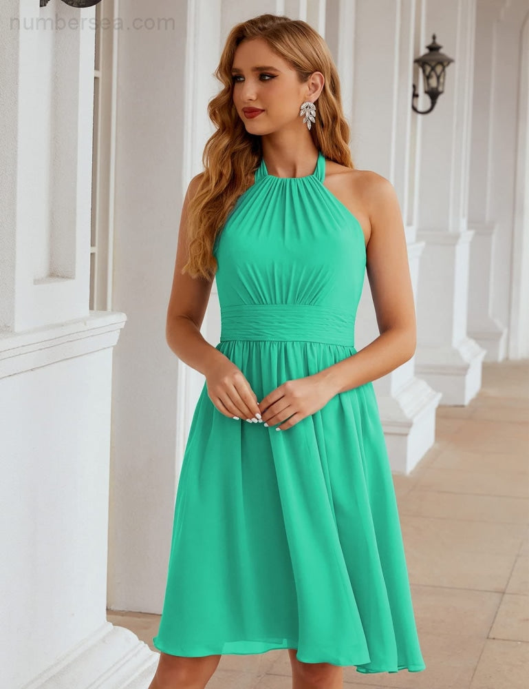 Numbersea Halter Chiffon Bridesmaid Dresses Short Sleeveless Formal Party Dress Open Back Sea28023