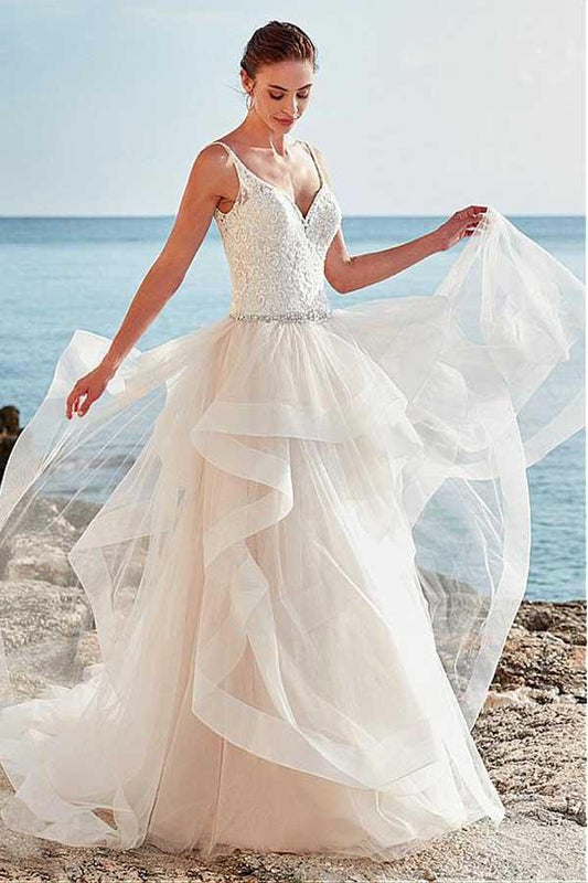 NumberSea Tulle A-line Beaded Spaghetti Straps Backless Wedding Dress, Bridal Gown, MW734