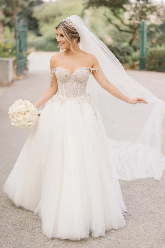 NumberSea Tulle A-line Beaded Sweetheart Neck Wedding Dresses, Bridal Gowns, MW911